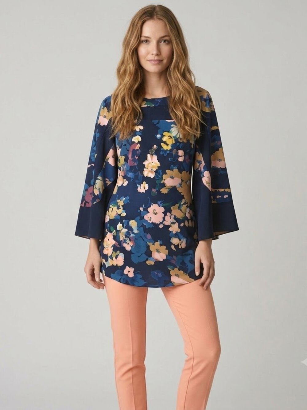 Nina Leonard navy blue floral Jersey top with flare sleeves size L